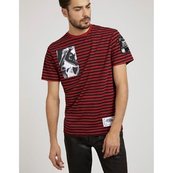 Guess Men’s Stripe Motif T-Shirt With Patches Red-Black Size XS - Picture 1 of 3